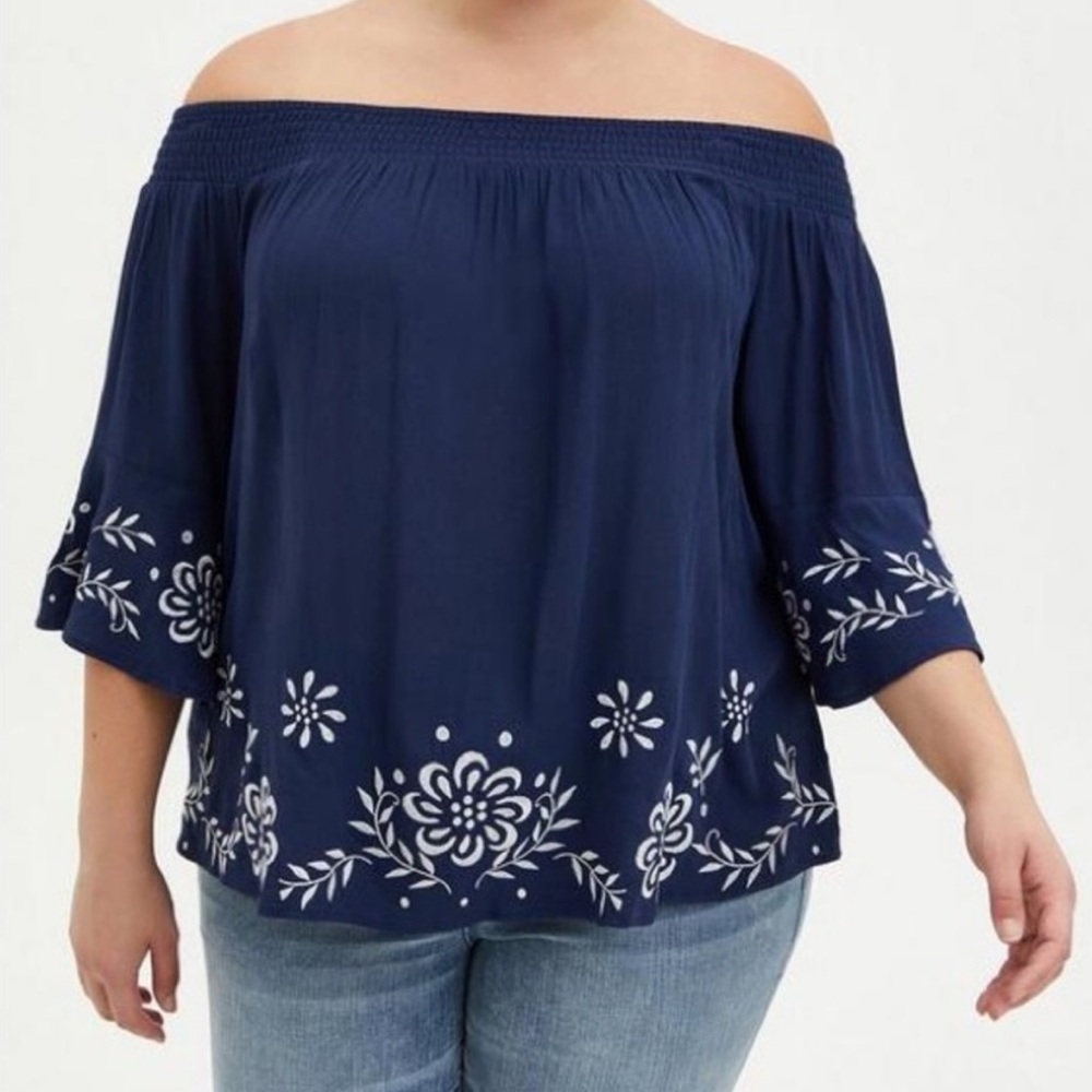 Torrid, Blue and White Boho Indie Gauze Embroidered Off-Shoulder Top 2X